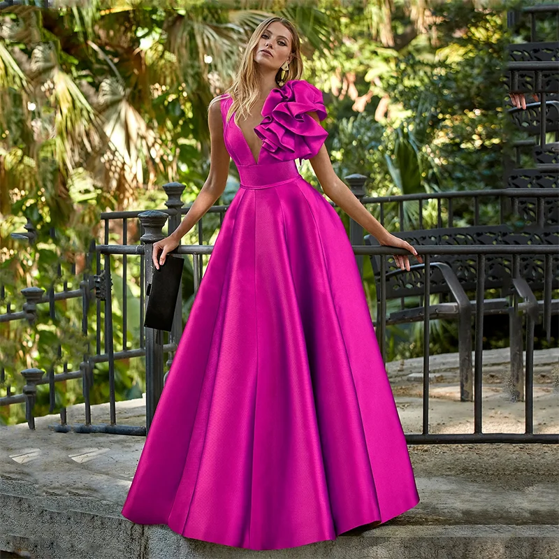 

Sexy A Line Evening Dresses 2023 Deep V Neck Party Dresses Women Arabic Saudi Arabia Puff Sleeves Floor Length Prom Gowns