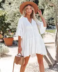 Tunique blanche pour femmes, col en V sexy, chemise à manches 3/4, vêtements d'été, vêtements de plage, maillot de bain, nouveau, 2023