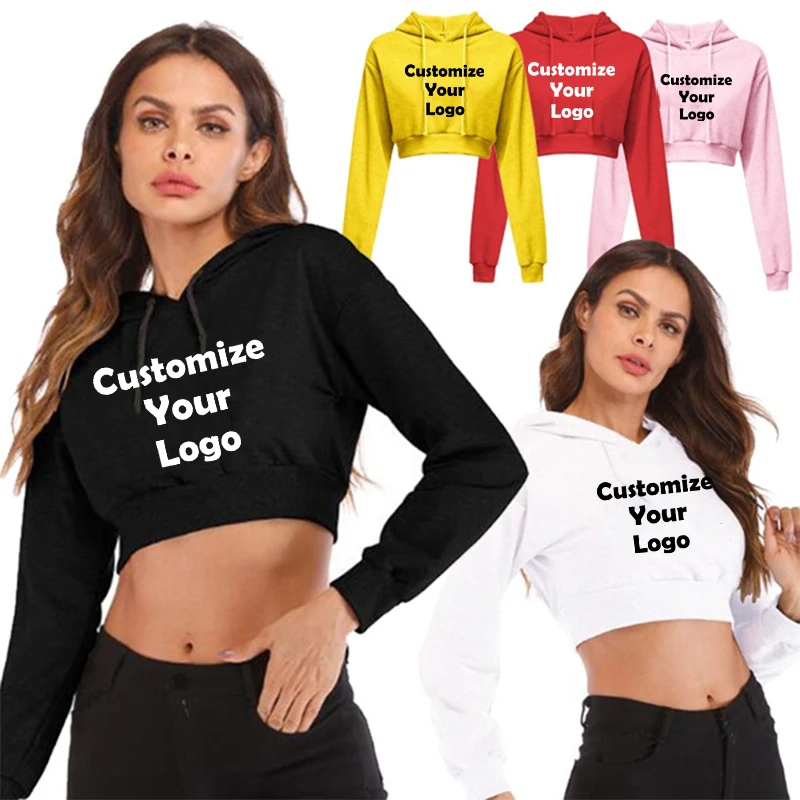 

Customized Fashion Womens Sexy Casual Long Sleeve Hooded Short Sweatshirt Plain Crop Tops Pullover Hooded Sweatshirt