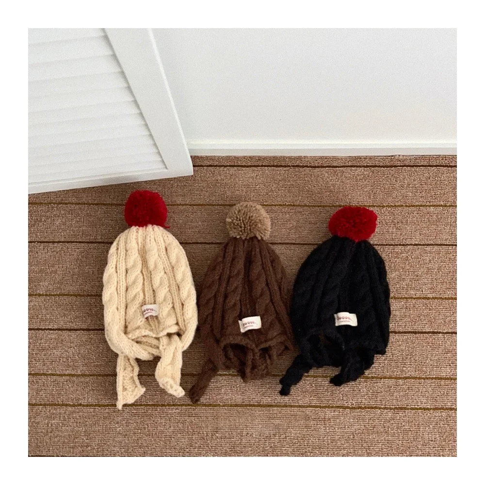 

2025 г., детская шапка в корейском стиле, теплая вязаная шапка-ушанка с помпоном, детская зимняя вязаная шапка с защитой ушей для девочек и мальчиков