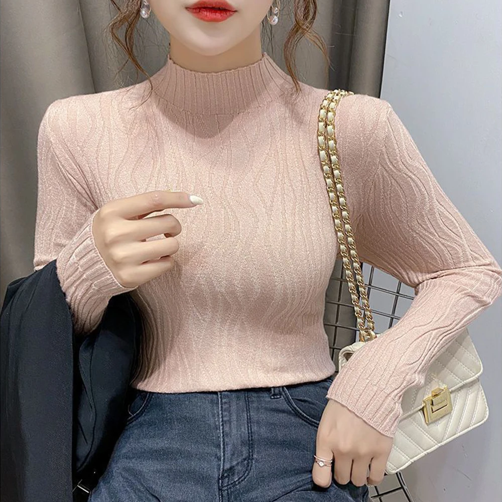 

Women's Casual Long Sleeve Mock Neck Sweater Pullover Top Fashion Long-Sleeve Female Bottoming Blouses S-2XL Elastic Knit Tops