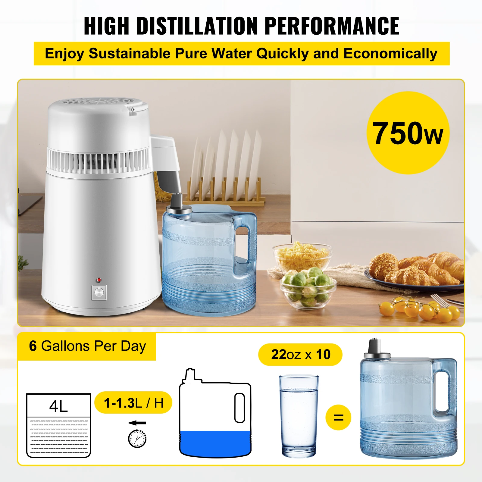 VEVOR 4L Water Distiller Purifier Filter Dispenser Heating Drinking Bottle Softener 304 Stainless Steel Home Appliance for Offic