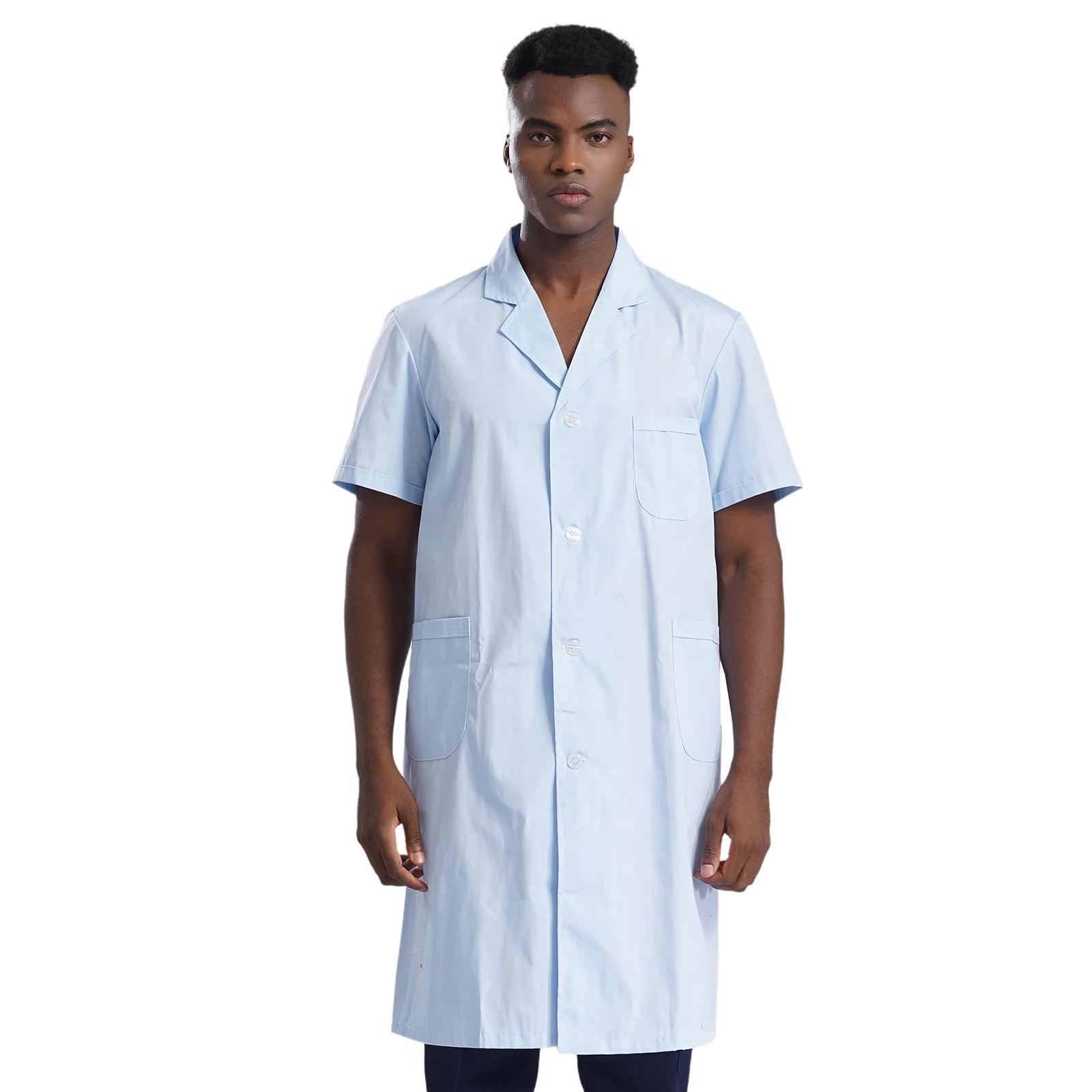 Mens Short Sleeve Pockets Button-up Scrub Coat Professional Long Lab Coat Lapel Collar Healthcare Medical Scrub Zone Workwear