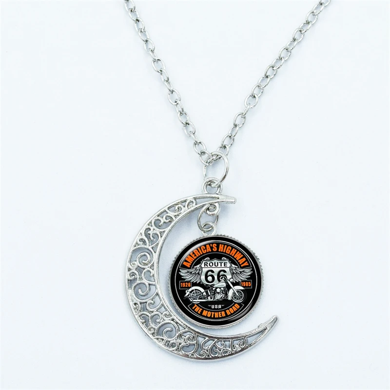 Vintage Motorcycles Pattern Necklace US Flag Route 66 Design Glass Dome Moon Pendant Necklaces Women Men Jewelry Gift