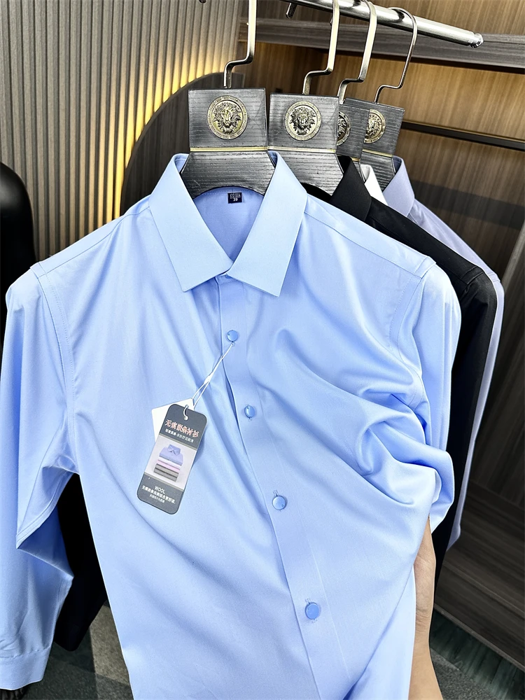 

Elastic No-iron Memory Anti-wrinkle Fabric Pure Color Long Sleeve Shirt Men's Standard Fit Business Casual Summer Shirt
