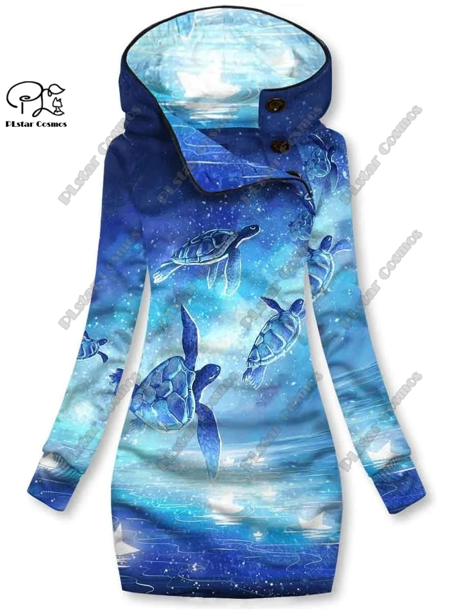 3D printing marine life turtle dolphin pattern special collar women's long sweateshirt dress to keep warm