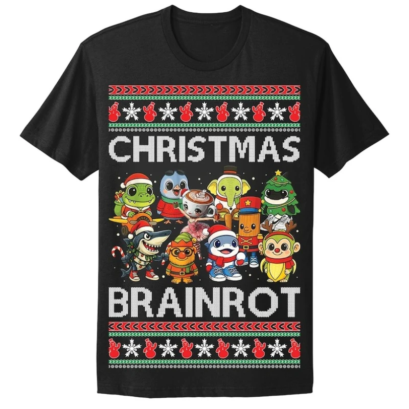 Ugly Lovely Funny Christmas Brainrot Cartoons Tee Shirt Hipster Street Fashion Printed T-shirt Tops Unisex Casual Short-sleev