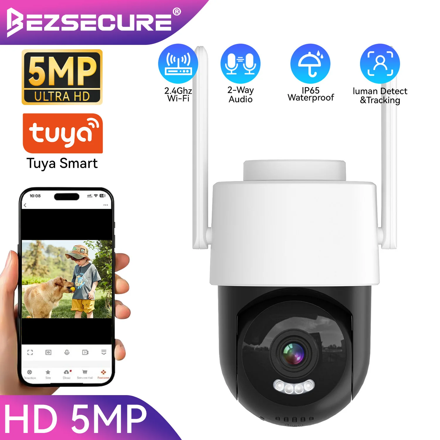 

2 МП PTZ WiFi IP-камера с поддержкой Tuya APP, 1080P, уличная беспроводная камера с цветным ночным видением, автоматическим отслеживанием и функцией видеонаблюдения.