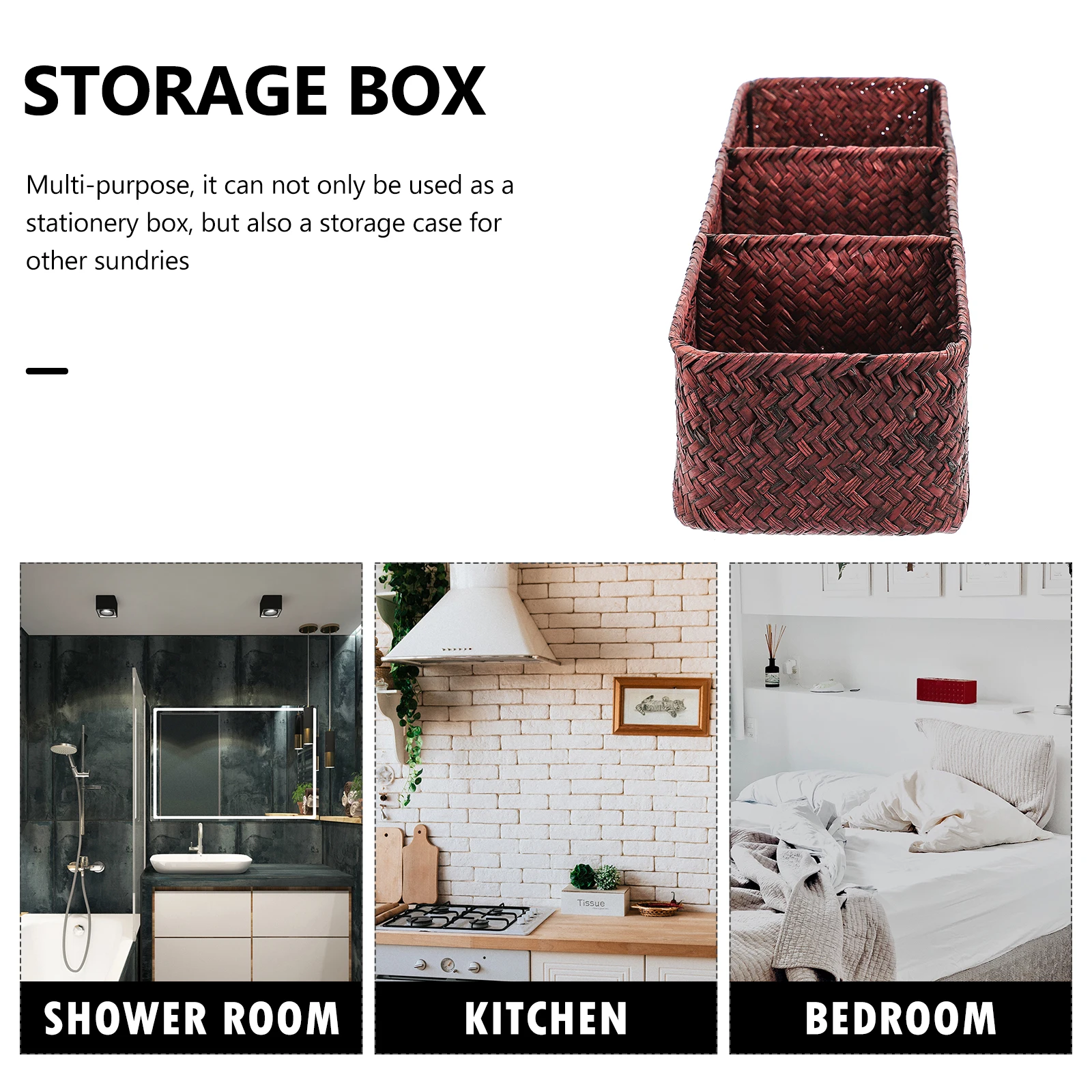 

1Pcs Storage Box Sea Grass Woven 3 Compartments Desktop Organizer Home Sundries Case Multi Purpose Tidy Box Home Woven Organizer