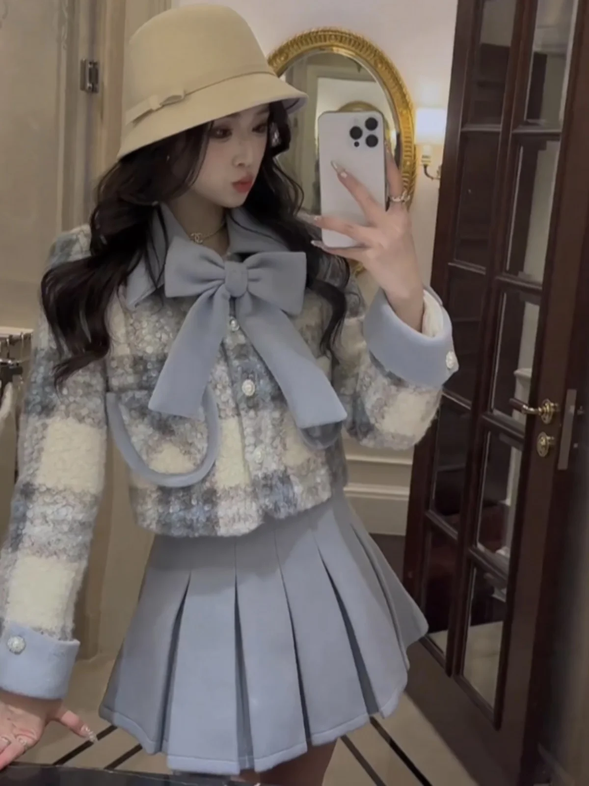 

Осенне-зимний женский модный комплект в корейском стиле, шерстяное пальто и плиссированная юбка, комплект из двух предметов