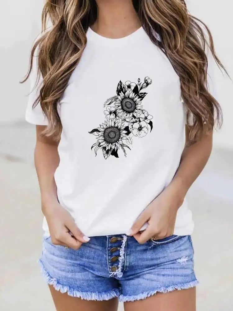 

Short Sleeve Tee Flower Watercolor Style Shirt Lady Print Clothes Women Spring Fashion Female Summer Graphic T-shirt