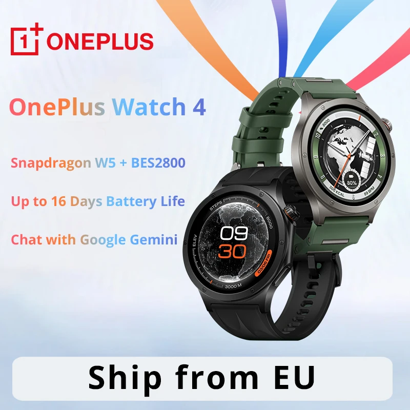 Nouvelle montre connectée OnePlus Watch 4, version internationale, écran OLED 1,5'', Snapdragon W5, jusqu'à 16 jours d'autonomie, NFC, IP69, Google Assistant, GPS