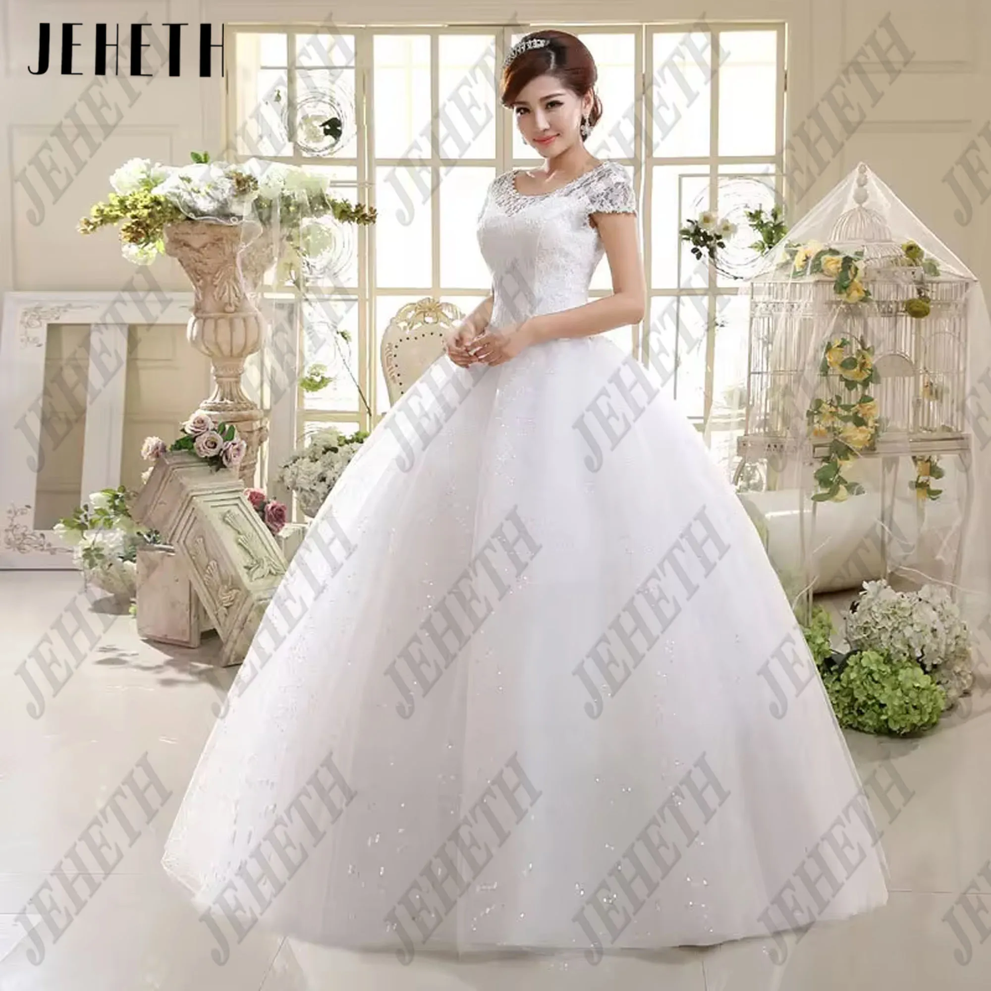 JEHETH Vestidos de talla grande foto Real encaje blanco puro cuello redondo lentejuelas Vestidos de novia baratos princesa Vestidos de novia vestido personalizado Jeheth Big Yard chaleco foto en vivo encaje blanco puro
