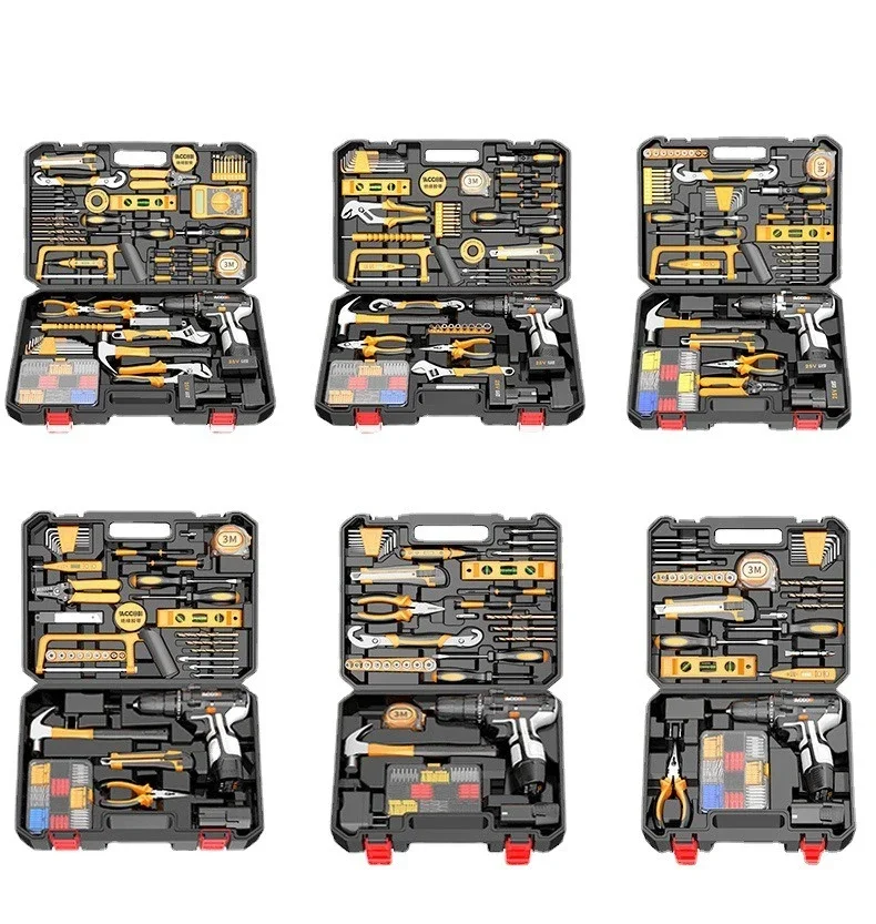 Kit combinado de ferramentas elétricas sem fio, conjunto de furadeira, chave de boca e outros utensílios, com caixa de ferramentas.