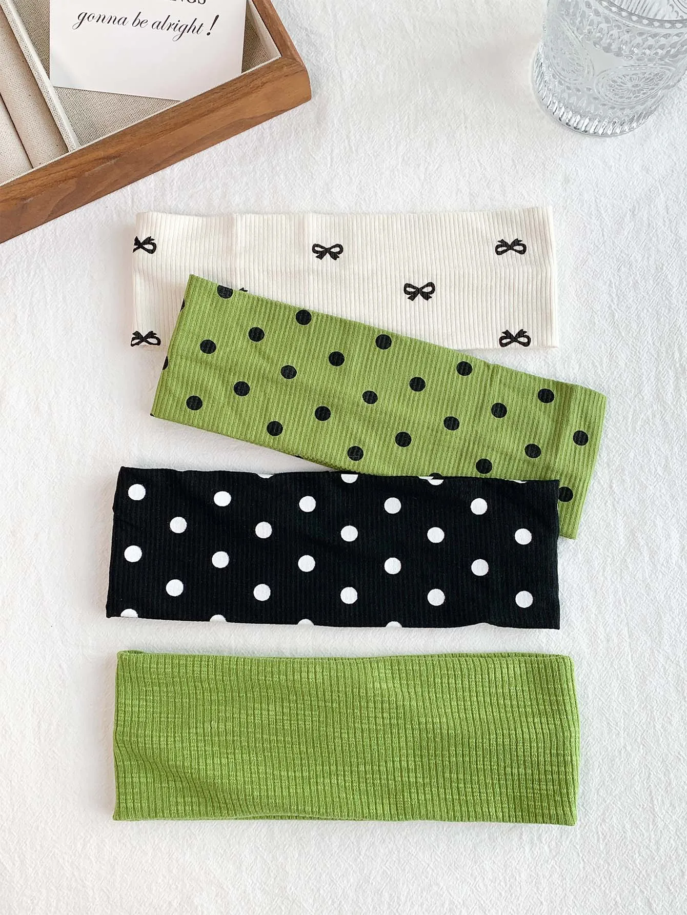 4pcs Korean Style Fresh Avocado Green Polka Dot Butterfly Knot Elastic Fabric Wide Hairband Black White Polka Dot Solid Color St