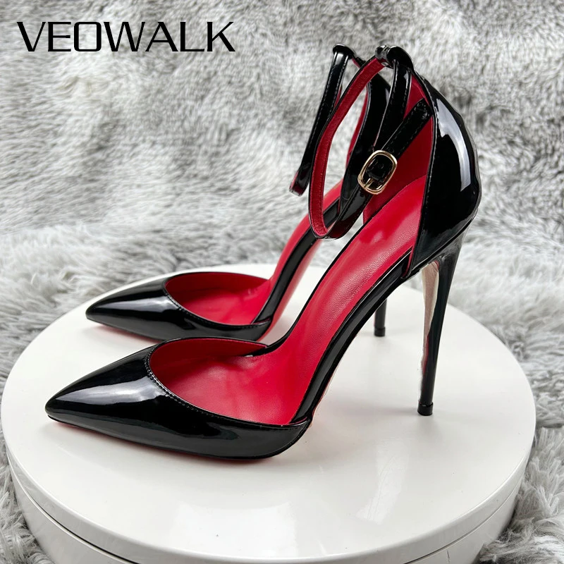 Veowalk Red Inside Women Glossy Black Pointy Toe High Heel Shoes Ankle Strap Summer Formal Dress Stiletto Pumps Plus Size 11 12