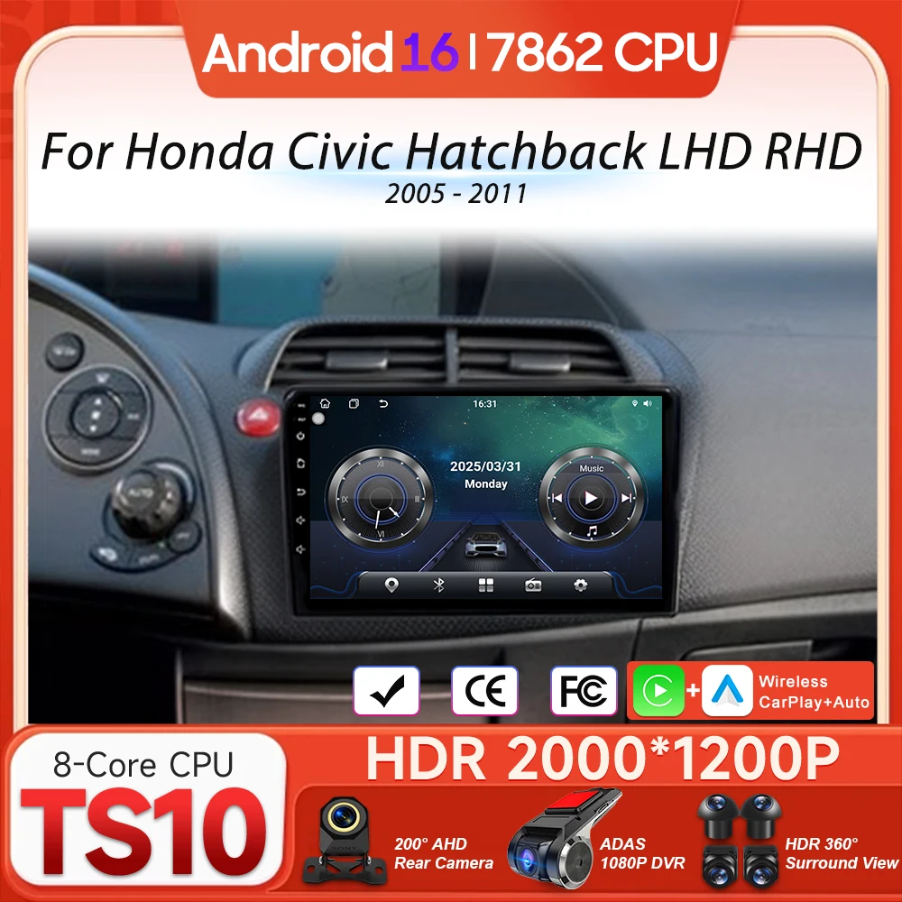 

Мультимедийный проигрыватель Android 16 для Honda Civic Hatchback (2005-2011), LHD/RHD, с Carplay, Auto Radio, видео, Wi-Fi, навигацией GPS, 2DIN
