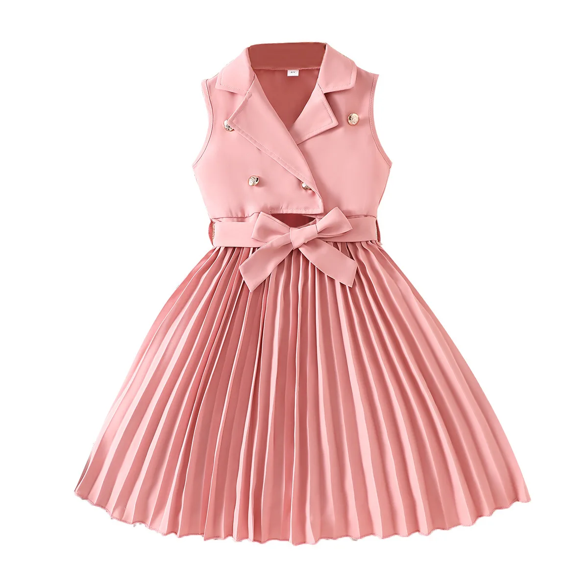 Summer Girl Dress Sleeveless Suit Collar Pleated Skirts Preppy Style Kids Boutique Clothes Formal Party Wedding Birthday Outfit