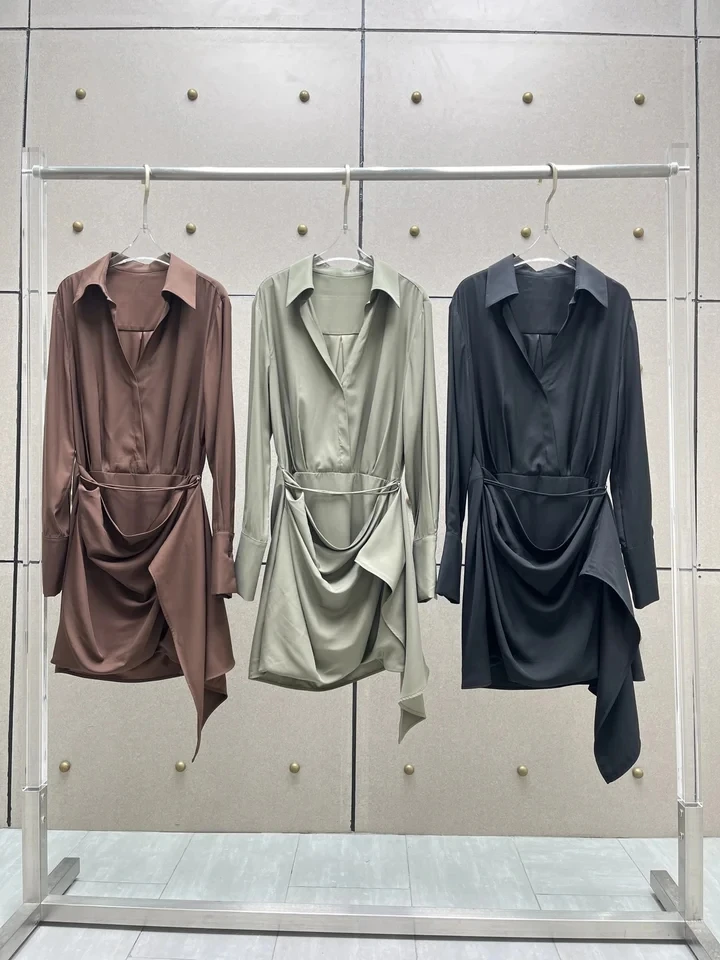 2024 new women's fashion long-sleeved lapel asymmetrical pleated dress