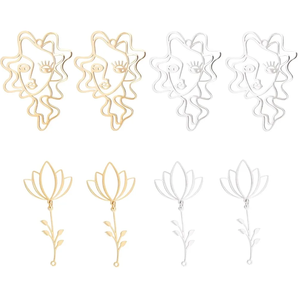

8Pcs 2 Styles Open Back Bezel Pendants 2 Colors Women Face Charms Lotus Flower Charms Stainless Steel Geometric Abstract Charms