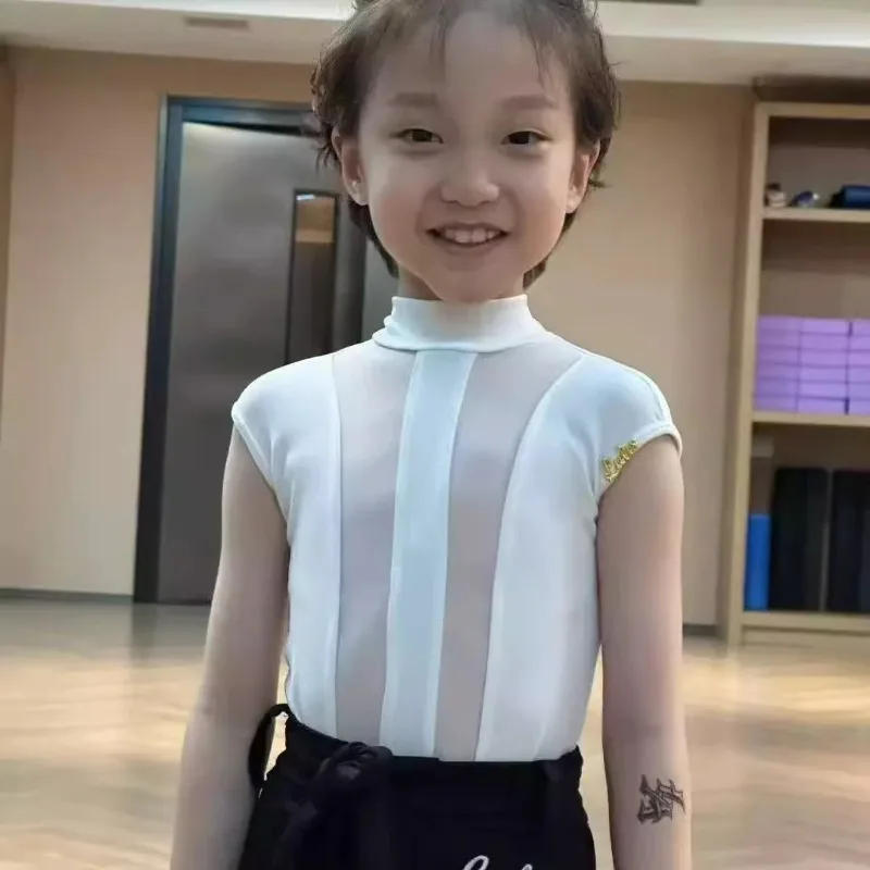 맞춤형 어린이 라틴 댄스복 소년용 메쉬 민소매 상의와 바지 연습복