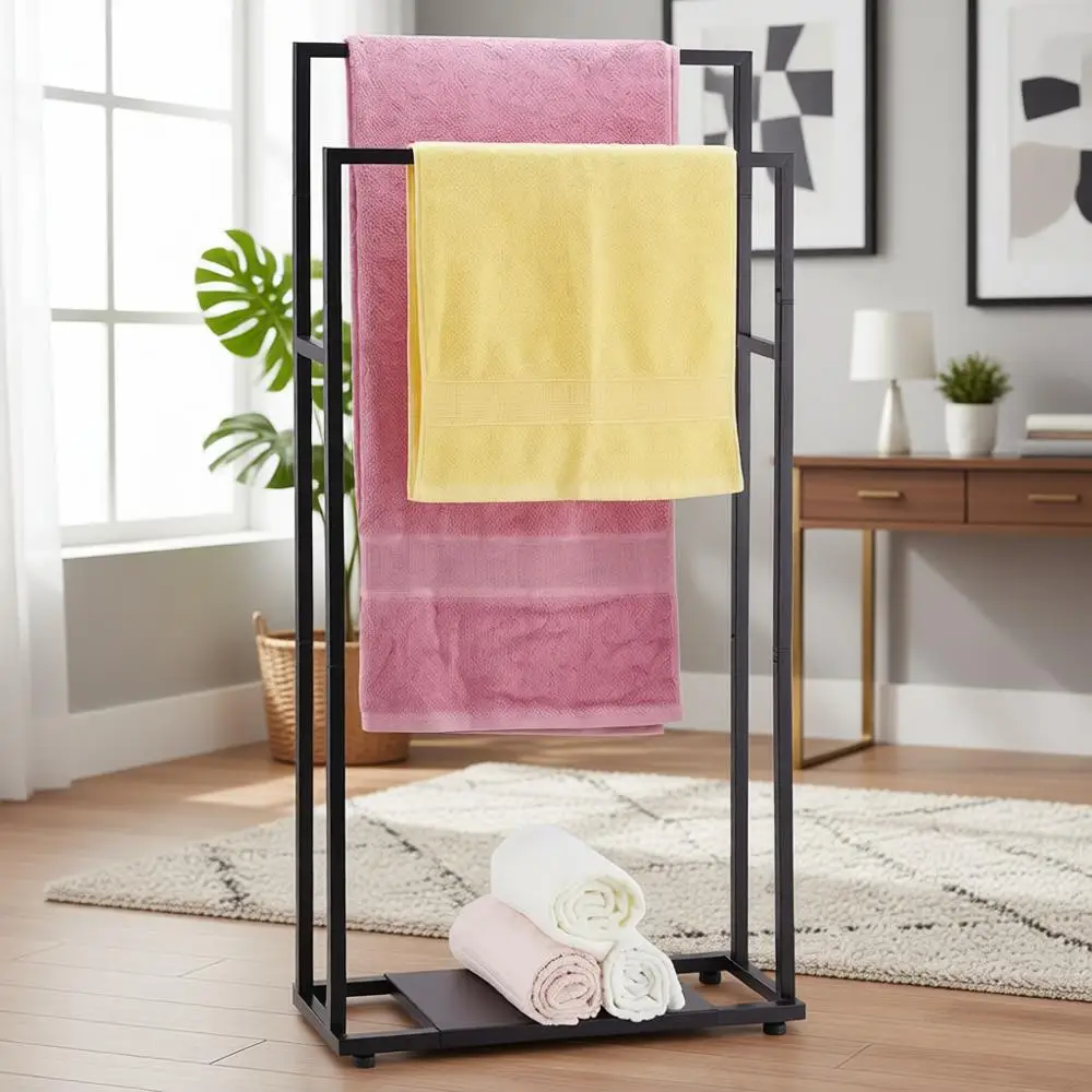 

39'' Tall 2-Tier Bathroom Towel Rack with Storage Shelves, Ideal for Indoor and Outdoor Use, Black Blanket Holder