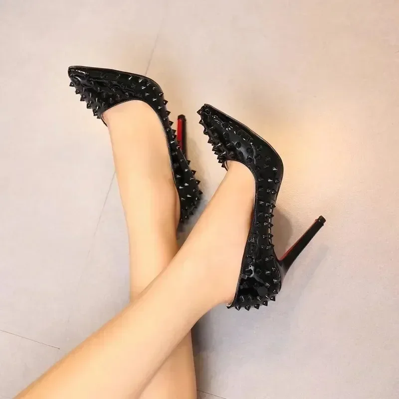 

Free Shipping ！ New Luxury Women Shoes High Heels Rivets Pumps Red Bottom Pointed Studded Full Spikes Ladies Brand Wedding Shoes