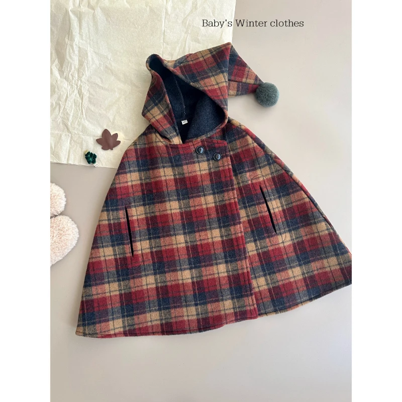 Winter New Girls' Plaid Cloak Double-sided Wool Cloth Cloak Cute Pointed Hat Cloak Warm Christmas New Years Jacket