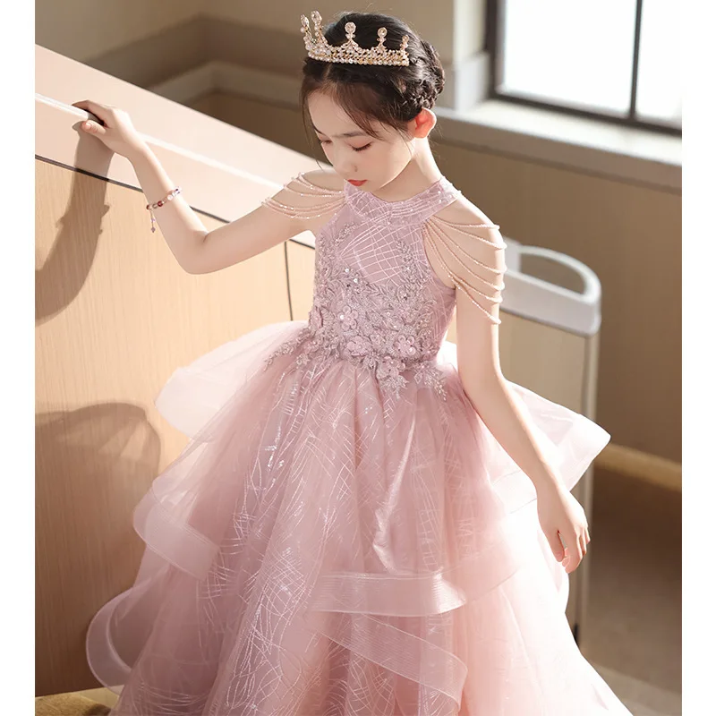 

Girl Princess Dresses New Pink Flower Girl Wedding Party Dress Shoulder Gowns Sleeveless Sequined Beauty Pageant Gown Customized