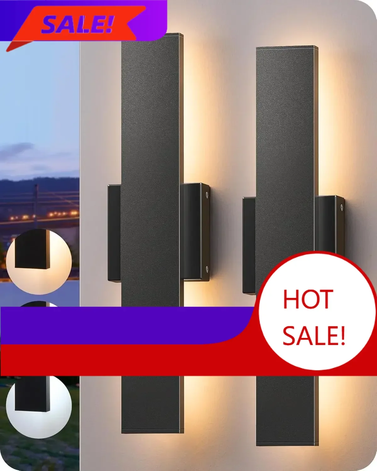 

2 Pack LED Outdoor Wall Lights Dimmable, 3000K 4000K 5000K, 15.7" Modern Black Outdoor Wall Sconce, IP65 Waterproof, Li