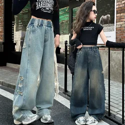 Child Vintage Ripped Jeans for Girls Fashion High Waist Spring Autumn Broken Hole Wide Leg Pants Teenage Kids Denim Trousers