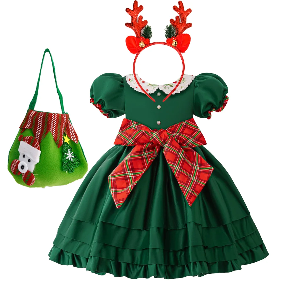 Girls Big Bow Christmas Carnival Party Dress Kids Vintage Green Santa Claus Gift For Girl Young Red Lattice Princess New Gown