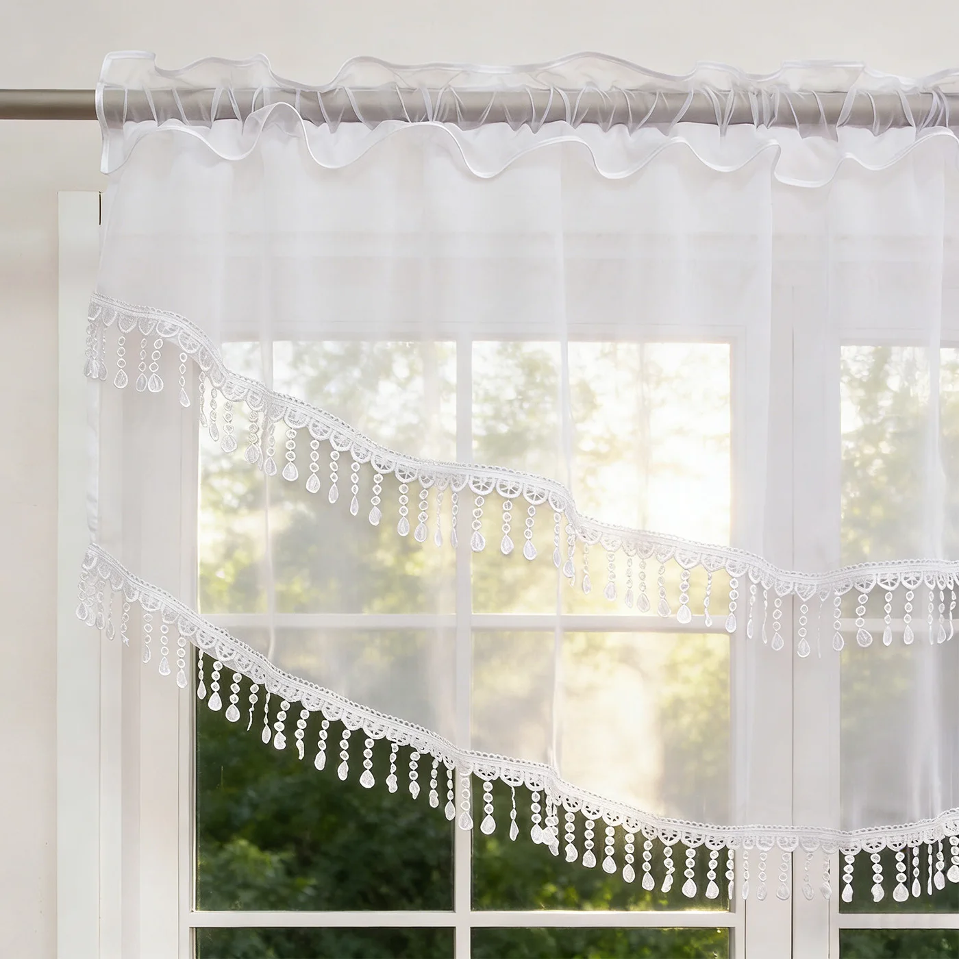 2PCS White Lace Beaded Tassel Cafe Valance Curtains, Light Filter Sheer Drapes For Kitchen Window Sweet Housewarming Gift view 2