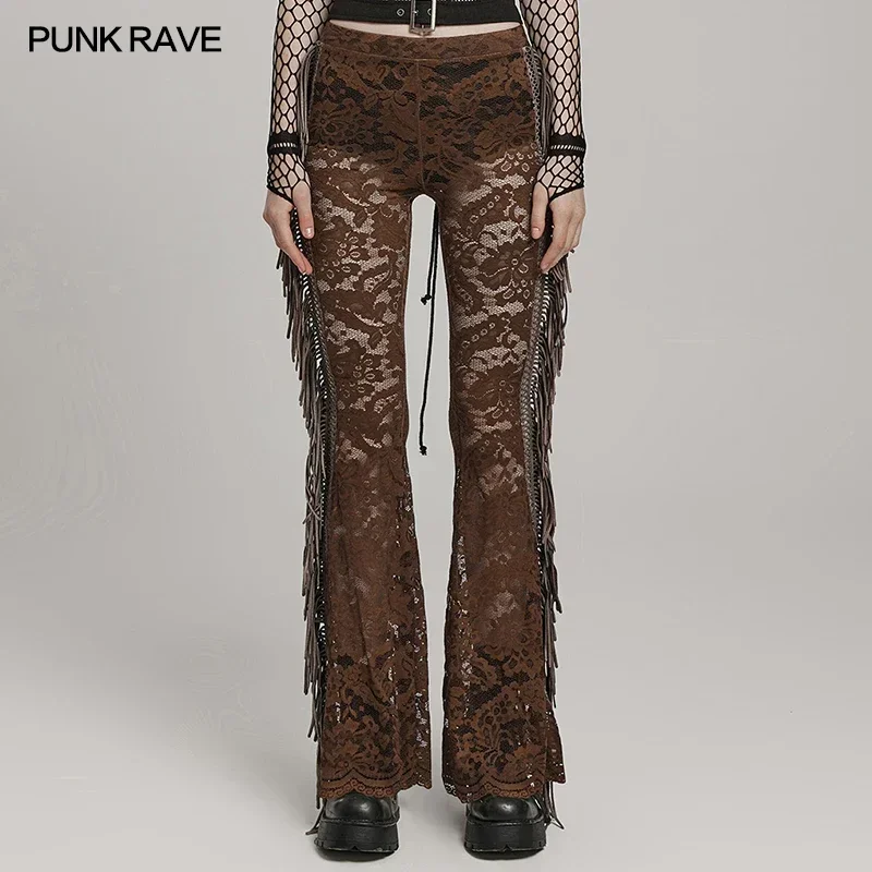 PUNK RAVE Women's Gothic Stretch Pattern Mesh Lace Trousers Sexy See-through Slim-fitting Flared Pants Spring/Summer 2 Colors