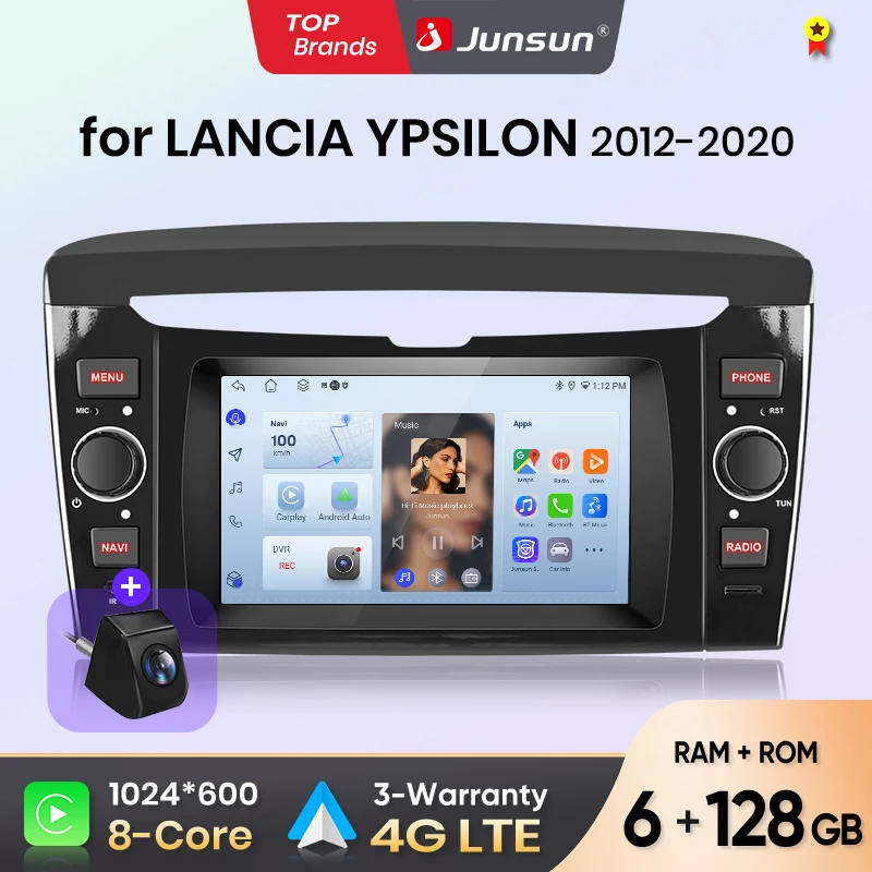 Junsun 6.2-calowe bezprzewodowe radio samochodowe z CarPlay i Android Auto dla Lancia Ypsilon 2012 2013 2014-2020 Multimedia WiFi 4G 8-rdzeniowe RDS