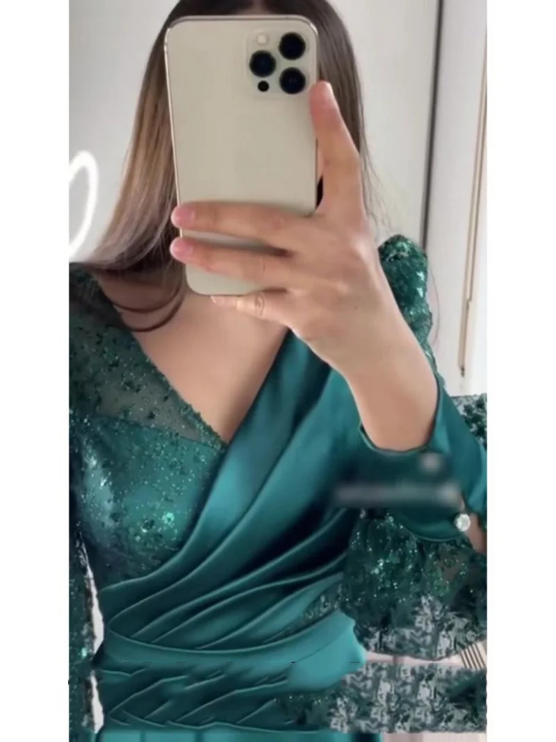 Vestidos de Fiesta de Arabia Saudita para mujer, Vestidos de fiesta de satén con cuello en V, elegantes, de manga larga con purpurina