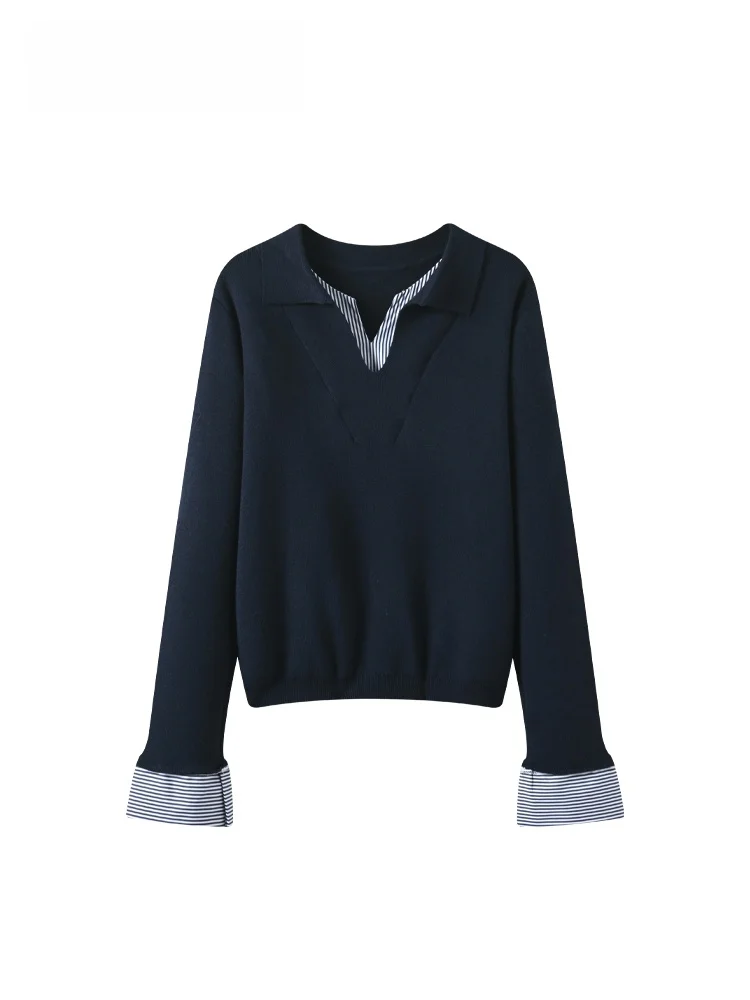 

Женский трикотажный топ в полоску больших размеров, весенний, в студенческом стиле, скрывающий недостатки фигуры, омолаживающий, корейский стиль, из полиэстера