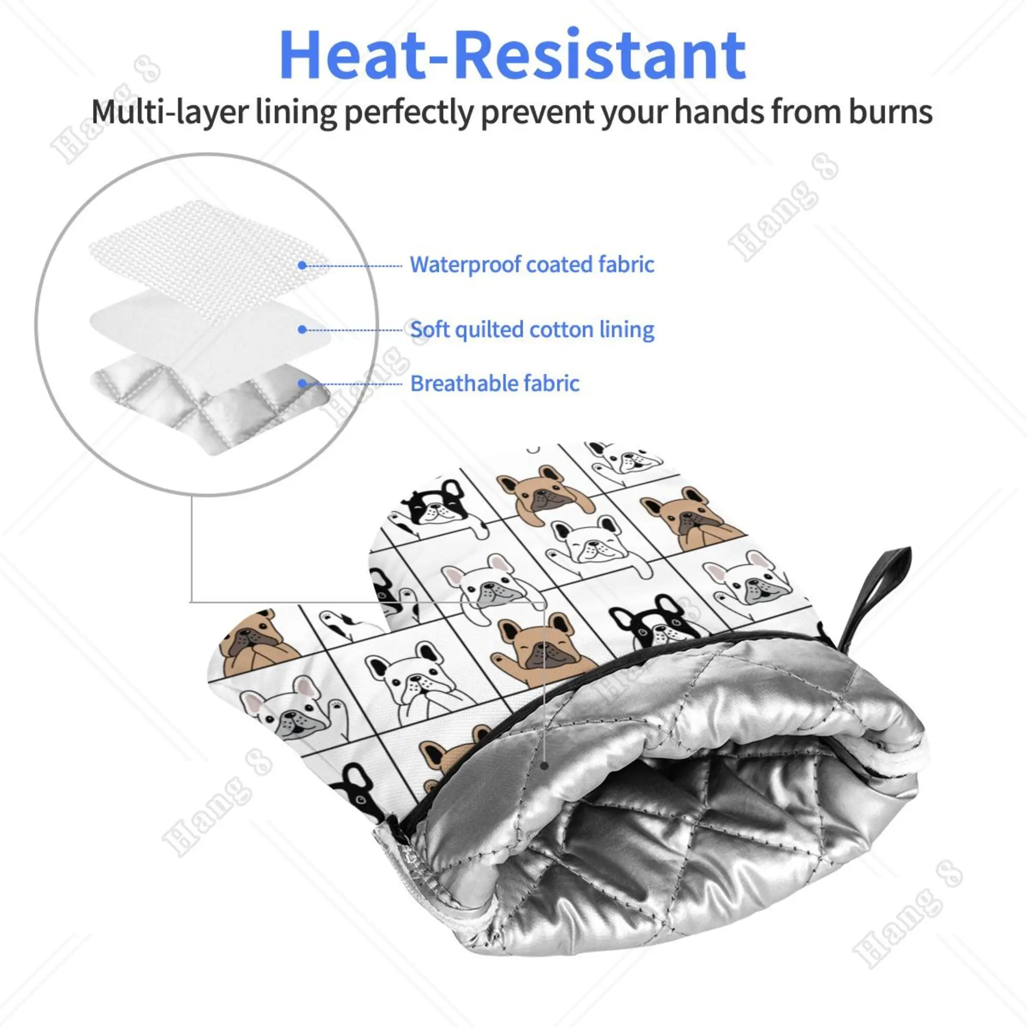 Cute French Bulldog Tile Pattern Oven Gloves for Men Women Bbq Kitchen Item Cooking Accessories Prevent Heat Holder One Size