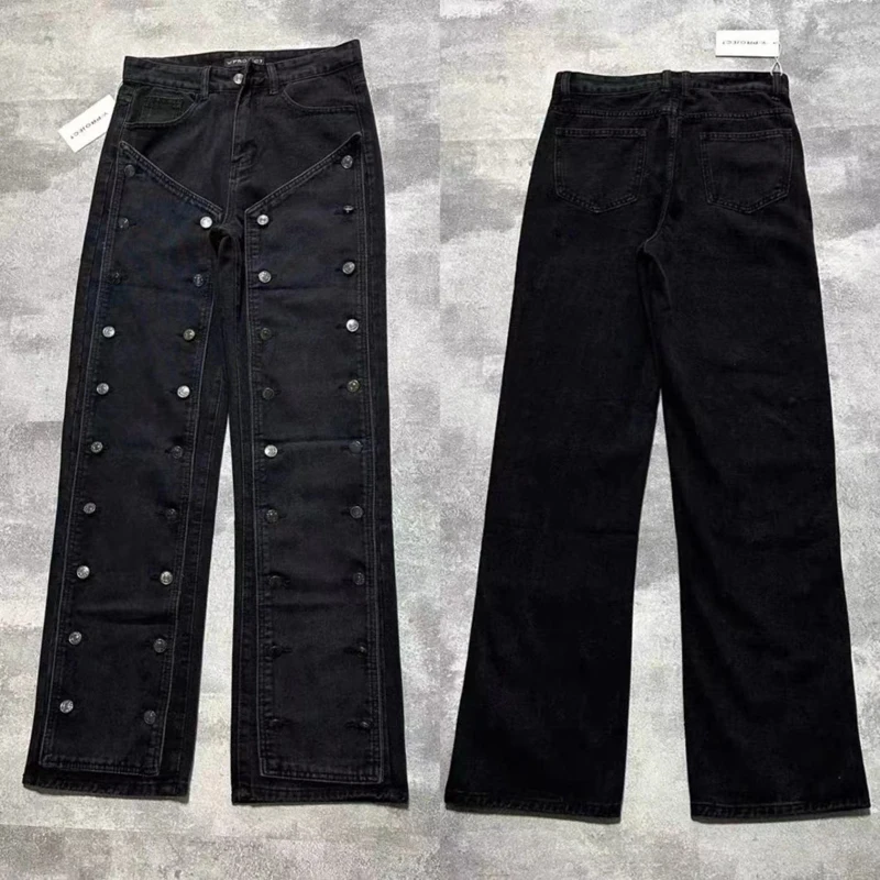 New Y/PROJECT Jeans American Detachable Buckle Straight Leg Jeans High Street Multi Button Splicing Wide Leg Floor Length Pants