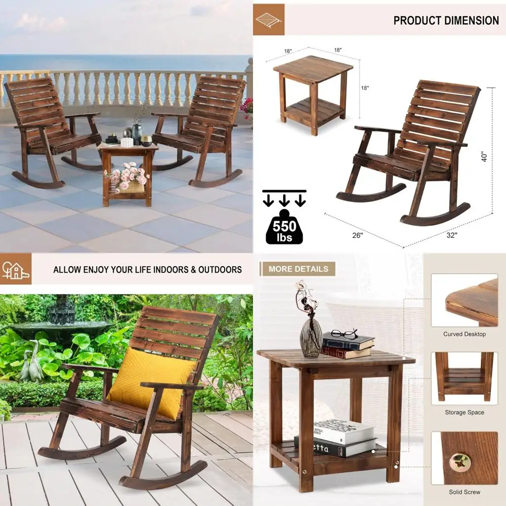 

Outdoor Wooden Rocking Chair Set with Coffee Table for Rustic Deck and Garden Seating