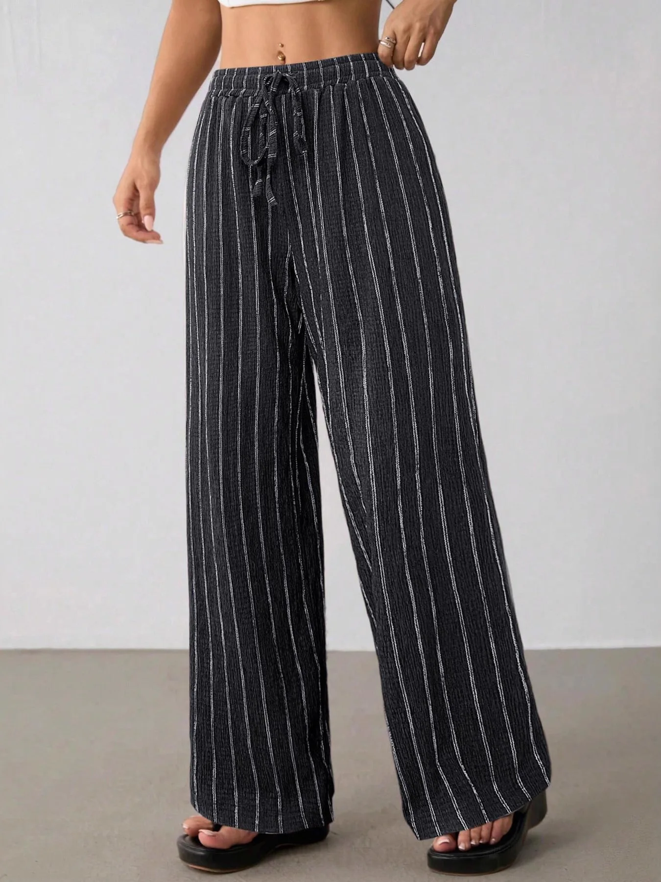Color Block Wide Leg Pants Striped Drawstring High Waist Casual Trousers for Young Women Polyester Fiber Imported from China