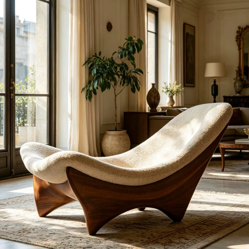 Designer-designed organic wooden leisure chair, upholstered decorative armchair, comfortable single leisure chair