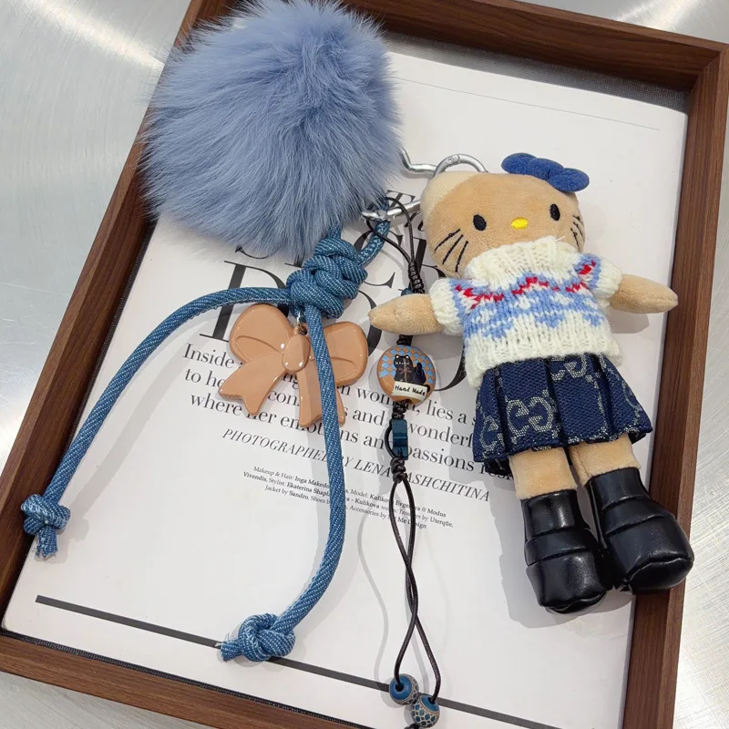 

Anime Hello Kitty hand-woven bow plush doll pendant PP cotton stuffed doll Kawaii keychain cute accessories holiday gift