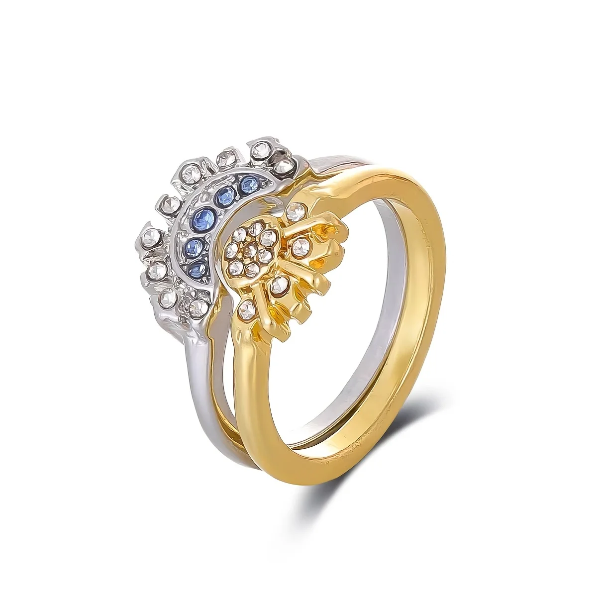 خاتم زوجين مكون من قطعتين بأسلوب عصري وبسيط، مصمم بقمر أزرق وشمس صفراء، مجوهرات مثالية للفصول الأربعة