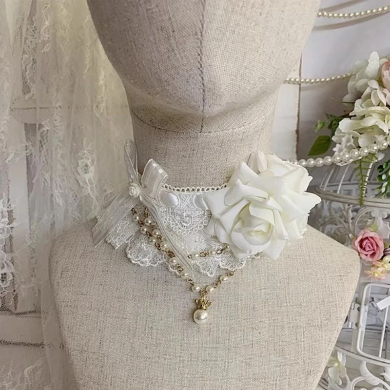 

Original Lolita Elegant Flower Wedding Versatile chokers Party Lolita Lace Pearl Neck Chain Necklace Accessories Small Headdress