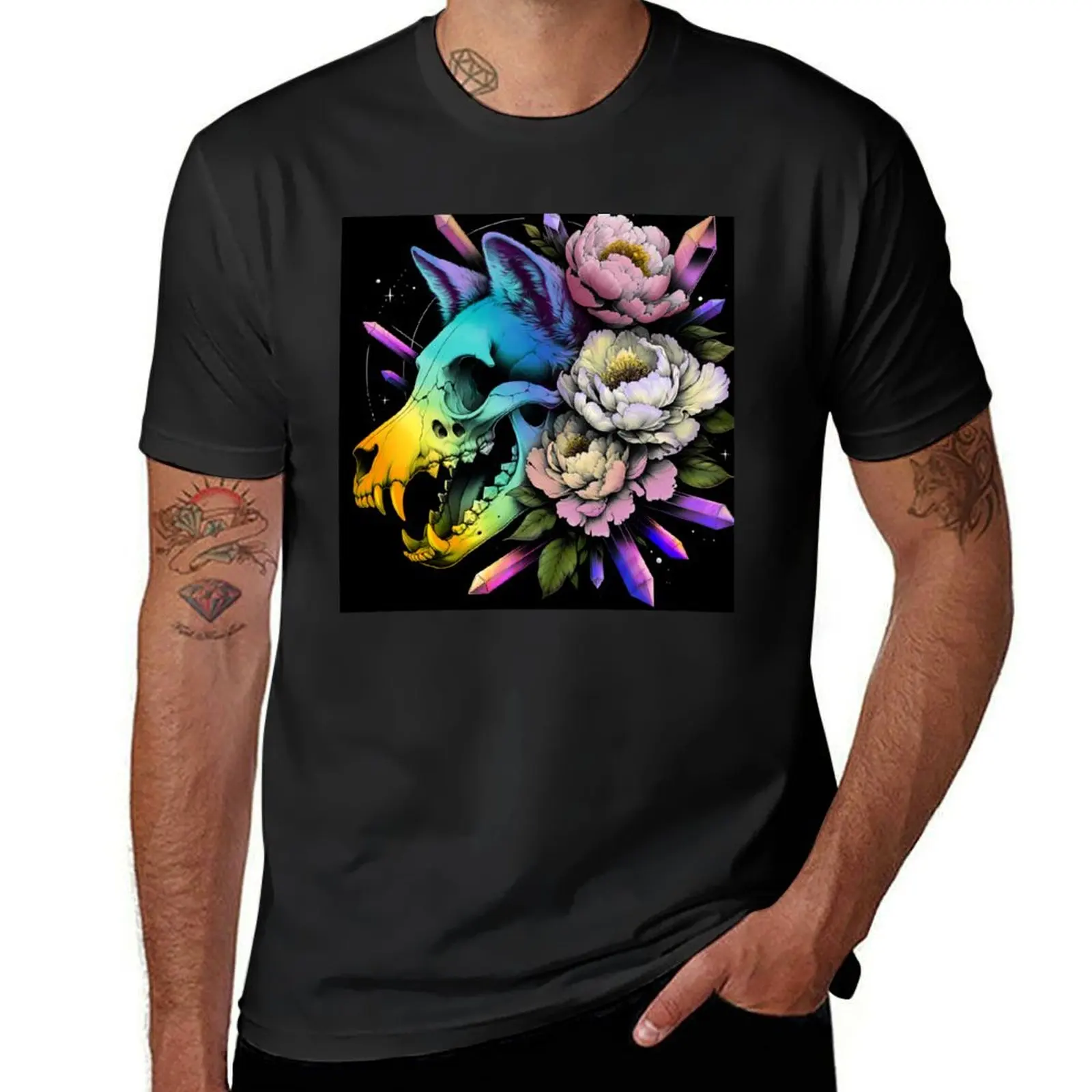 Peony Crystal Wolf Skull T-Shirt Short sleeve tee customizeds cute tops aesthetic clothes men workout shirt