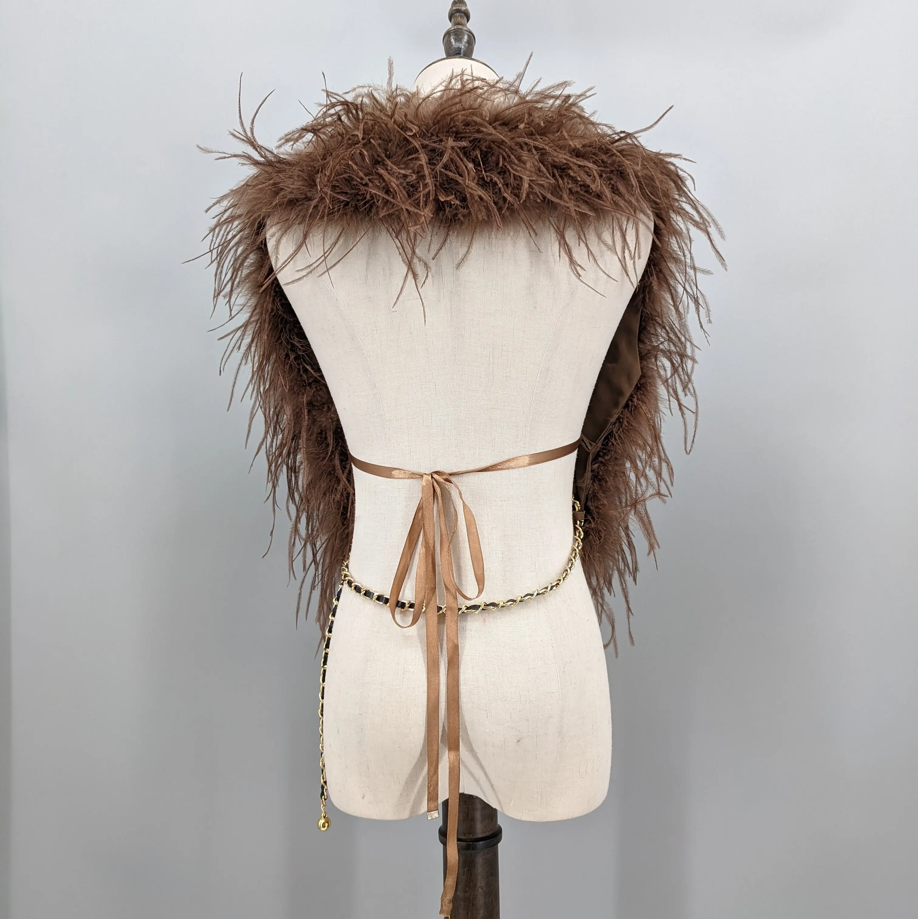 Women Brown Real Ostrich Feather Vest Open Back Tie Up Sleeveless Crop Top Y2K Party Music Festival Outfit 250540