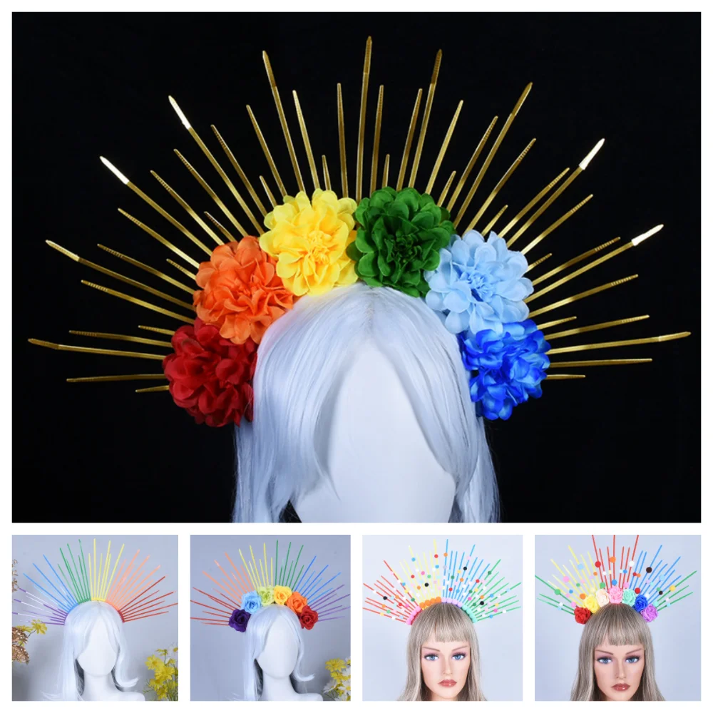 Diadema de arcoíris con sol a la moda, aro para el pelo con flores coloridas y creativas exageradas, disfraz de Aureole, diadema con Halo de diosa para fiesta