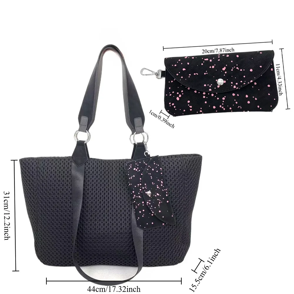 Women Black Mesh Tote Bag Set, Large Capacity Breathable Hollow Out Shoulder Bag with Detachable Pink Dotted Mini Purse view 4