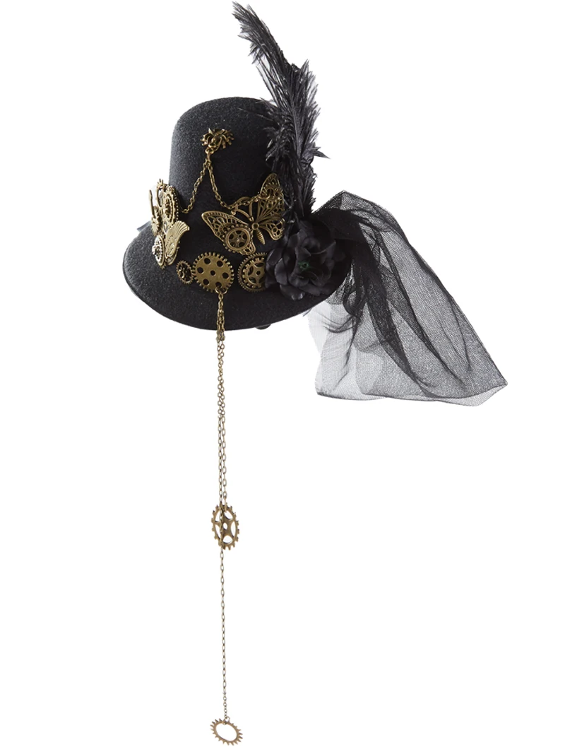 Gothic Punk Black Mini Top Hat Hairpin Women Butterfly Gears Chain Veil Hats Fascinator Costume Headpiece